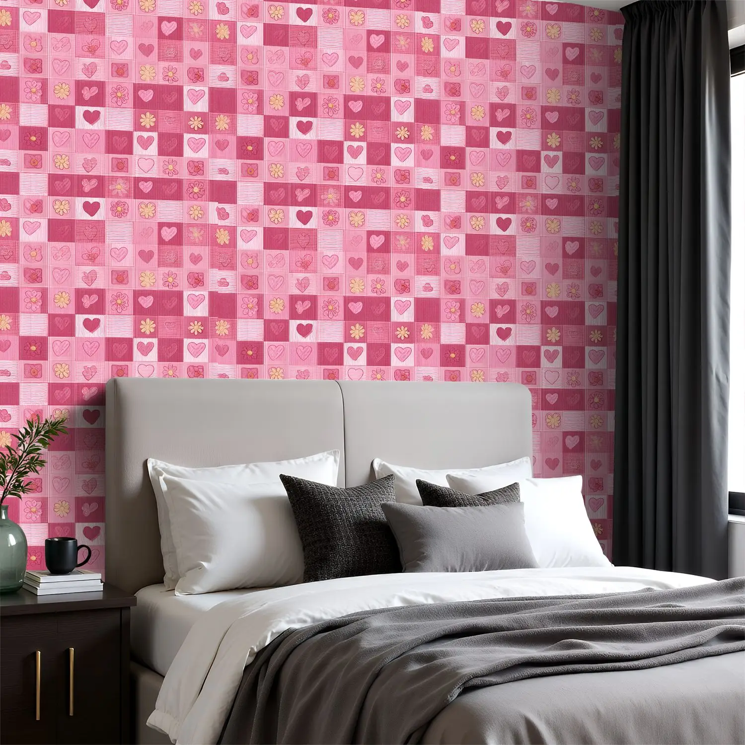 

Обои в клетку с розовыми сердечками, 22,83 "X 118", водонепроницаемые обои для гостиной/спальни/ванной комнаты, наклейка на стену из ПВХ