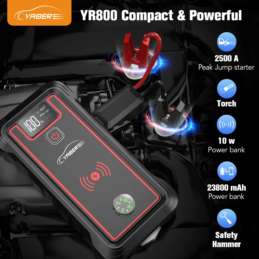 YABER Car Battery Charger 2500A Jump Starter 23800mAh Power Bank With 10W Wireless Charger Portable Auto Booster Starting Device