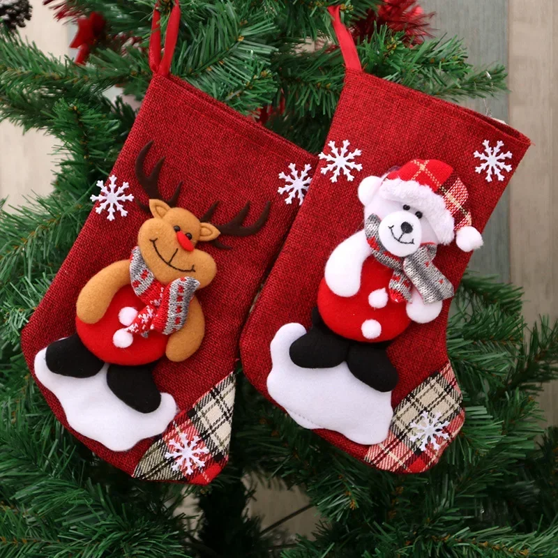 Christmas Stockings Sack Gift Candy Bag Christmas Decor For Home New Year Sock Snowman Santa Elk Fireplace Xmas Tree Ornaments