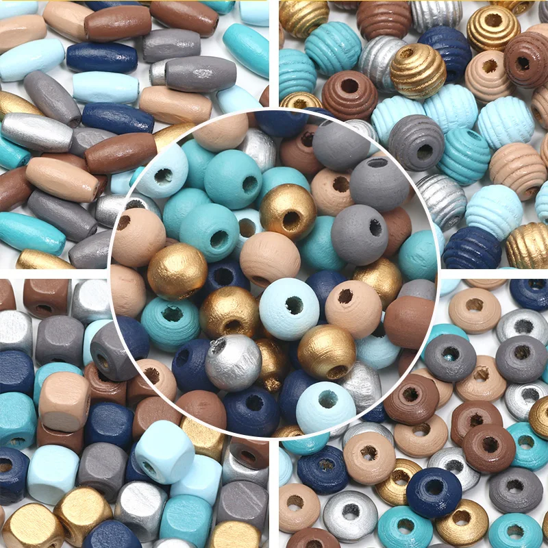 20-200pcs Winter Color Natural Pine Wood Beads Flat Round/Square/Oval Loose Spacer Beads For DIY Jewelry Making Accessories