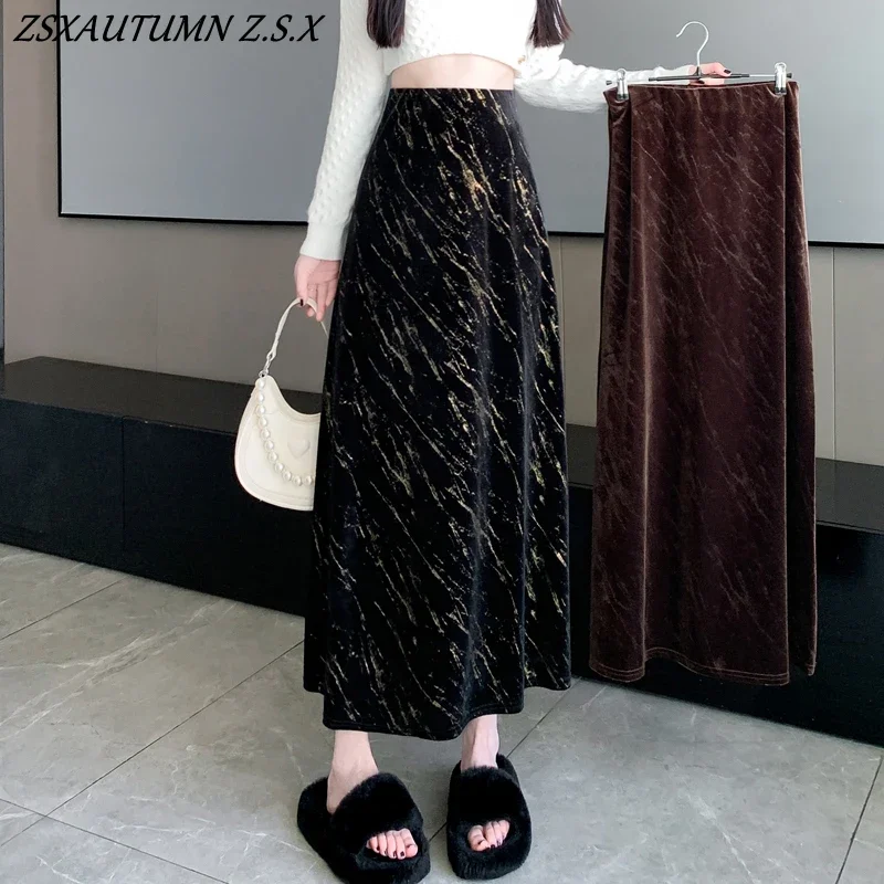 Black Golden Velvet Skirt Femme Autumn New Medium Length Black Straight Tube Skirt Silk High Waist Women Clothing