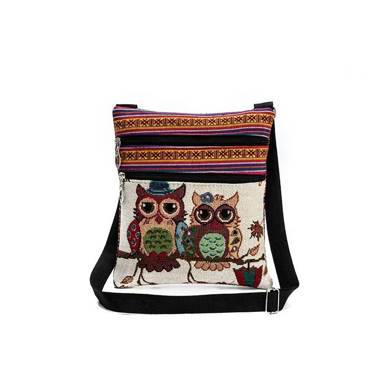 Ethnic wind double zipper owl jacquard one-shoulder diagonal bag female ultra-light postman bag