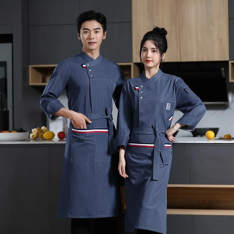 Uniform Short-Sleeved Summer Kitchen Canteen Restaurant Work Wear Men's and Women's Chef Overalls Long-S