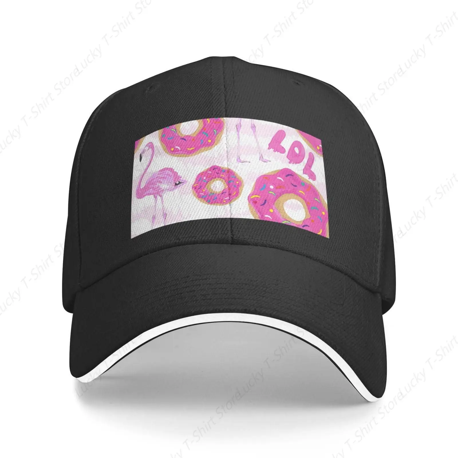 Flamingo and Donuts Print Sandwich Baseball Cap, Classic Baseball Cap, Adjustable Fashion Outdoor Cap Gray