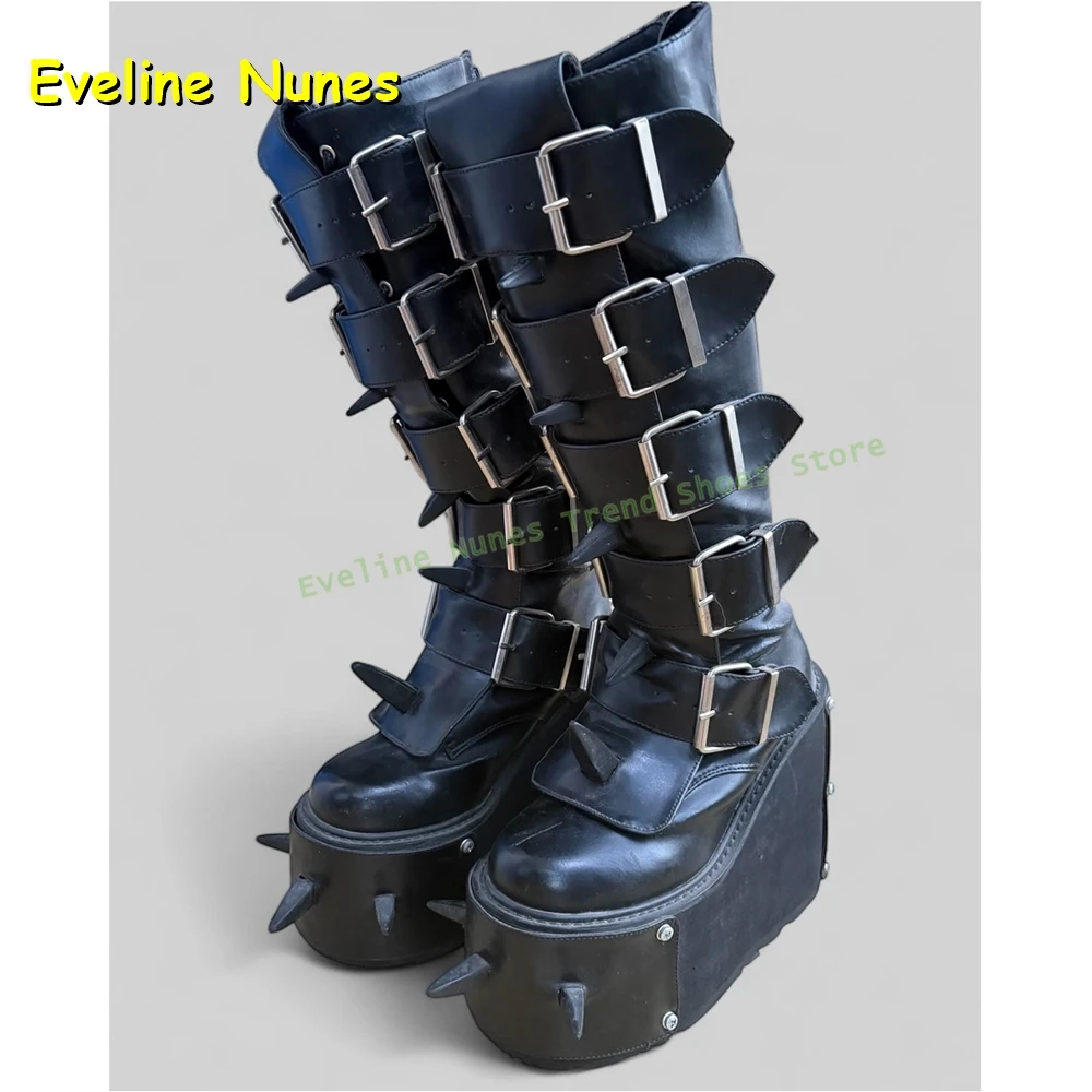 Black Gothic Spiked Platform Boots Women's Buckle Strap Wedge Knee High Boots for Punk Street Style Knee High Boots 2026 Trend image 3