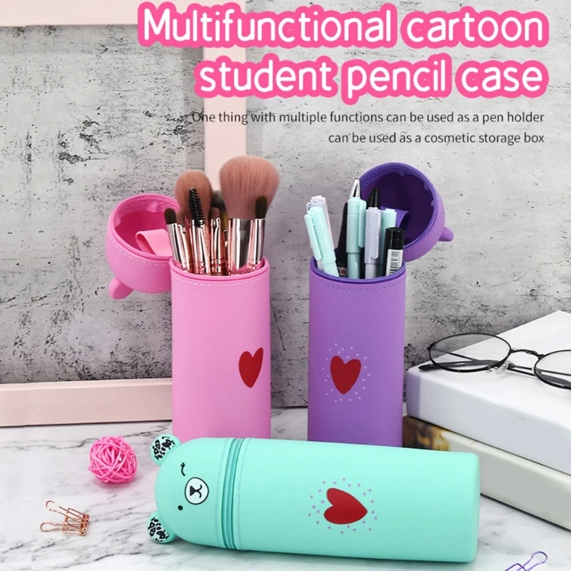 Сумка-карандаш с мультяшным медведем на молнии, силиконовый чехол для ручек, большой вместительный держатель для ручек для на