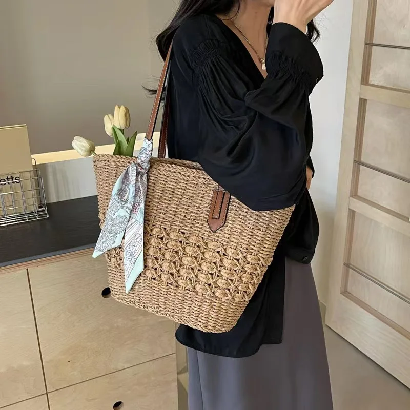 Summer Straw Bags for Women Straw Shoulder Bags Rattan Woven Top Handle Bag Hollow Raffia Crochet Beach Bag Casual Handbags