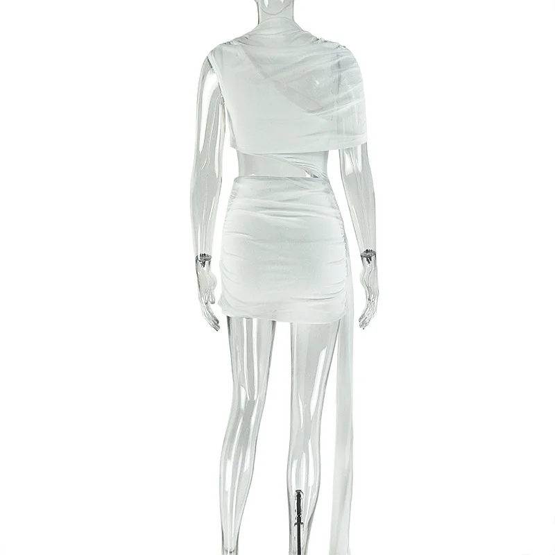 STYLISH LADY Elegant OL White Dress 2025 Autumn Women Short Sleeve O Neck Cut Out Bodycon Draped Mini Dress with Ribbons
