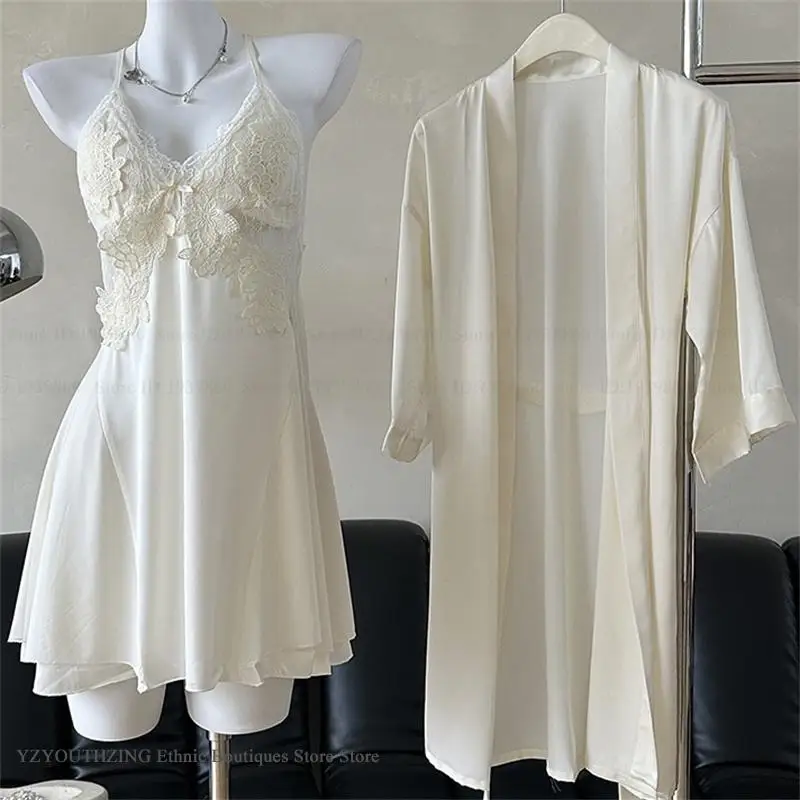 

Сексуальный женский комплект из 2 предметов: халат и ночная сорочка, домашняя одежда, сексуальное кружевное ночное белье с пэчворком, летний новый атласный халат, пижама для дома