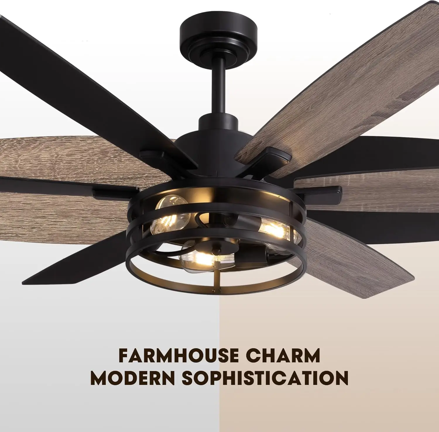 Ventilador de Teto Preto de 60 Polegadas com Luzes e Controle Remoto, Estilo Fazenda LED para Uso Interno e Externo