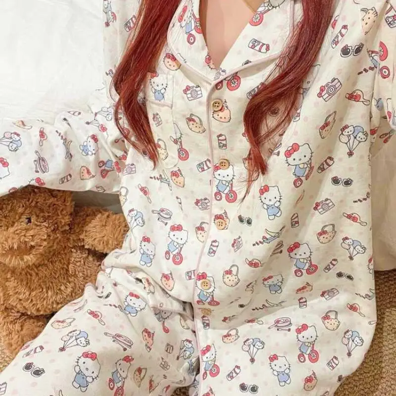 

Sanrio Hello Kitty Women's Pajama Set Spring Autumn New Sleepwear Long Sleeve Students Home Outdoor Wear Fashion Nightwear Set