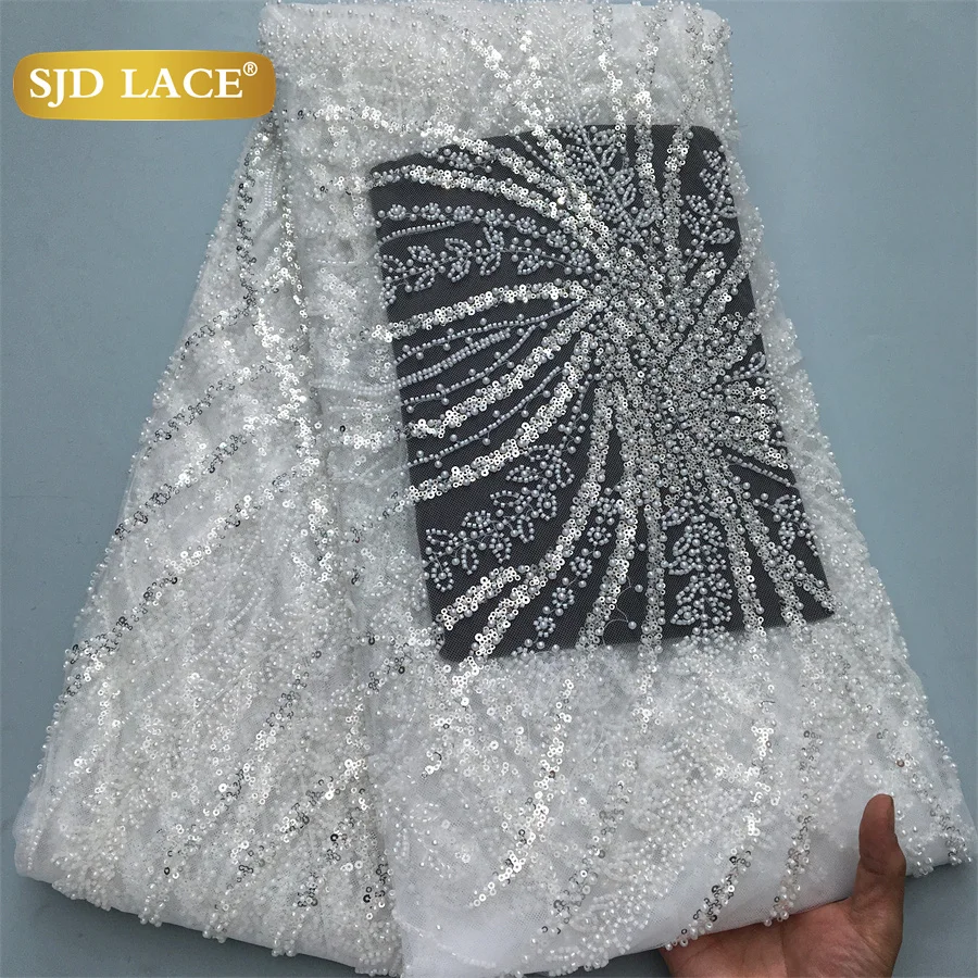 

SJD LACE Nigerian Beaded Mesh Lace Fabrics 2025 Latest 5 Yards African Sequins Tulle Net Lace for Woman Wedding Party Dress 4147