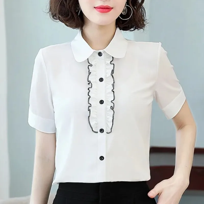 Summer Women's Solid Color Button Ruffles Short Sleeve Turn-down Collar Cardigan Patchwork T-shirt Casual Elegant Fashion Tops