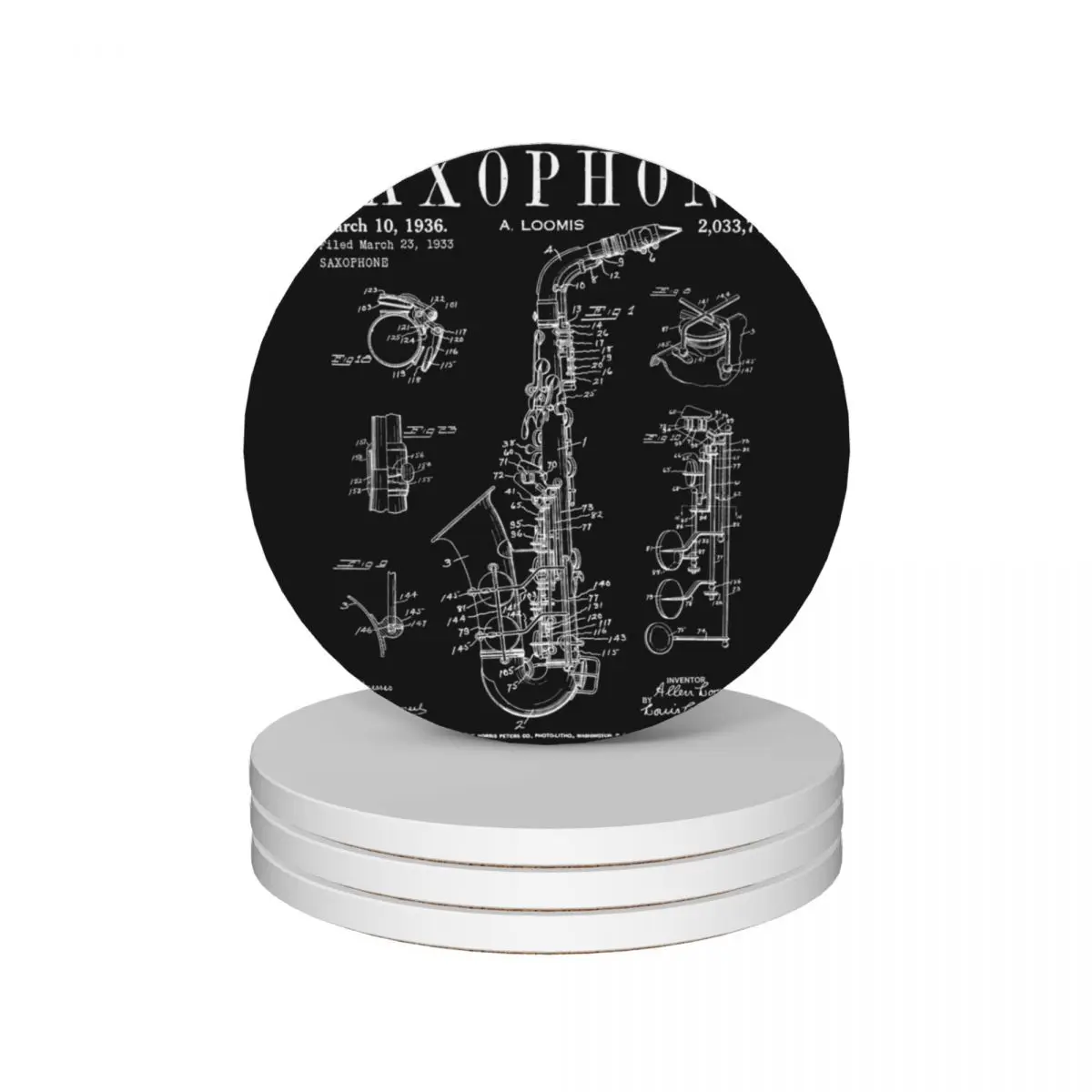 Saxophone Old Vintage Patent Drawing Print Ceramic Coasters (Set of 4) eat table white cup pads Coasters