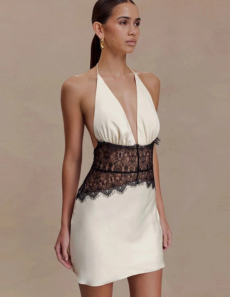 Vestido de noche de satén para mujer, minivestido de fiesta ajustado con espalda descubierta y cuello Halter de retazos de encaje, ropa de fiesta de noche de corte A