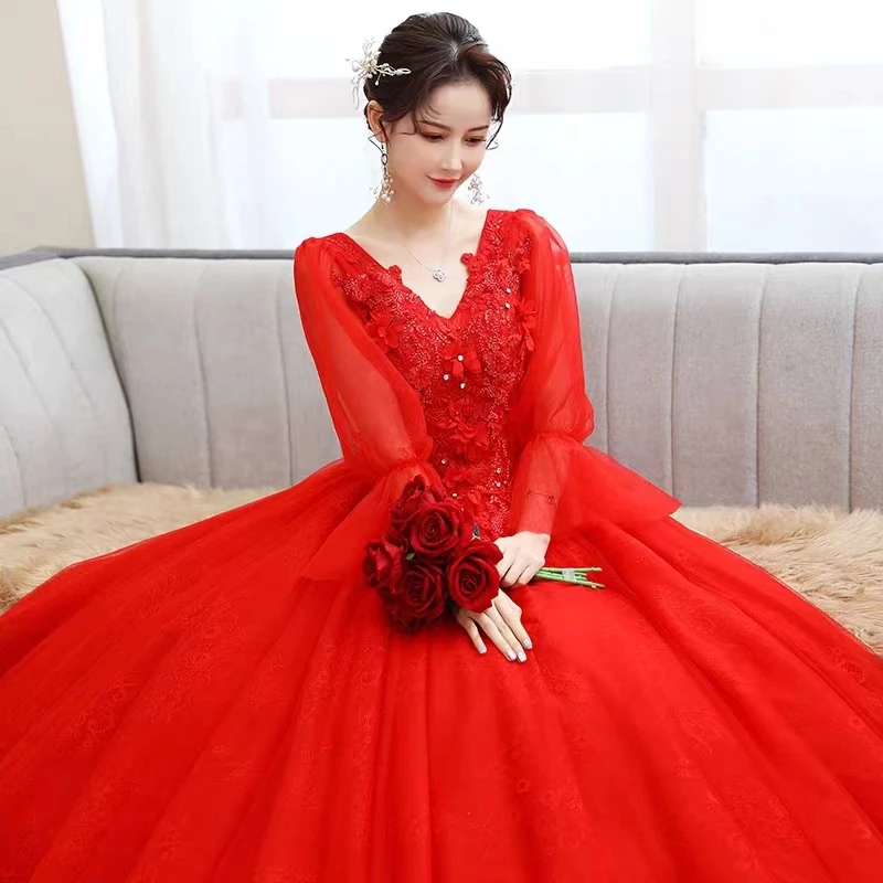 2024 Luxury Red Quinceanera Dresses Long Sleeve Appliques Beaded Sweet Party Gowns Vestido De 15 Anos 16th Party Wear