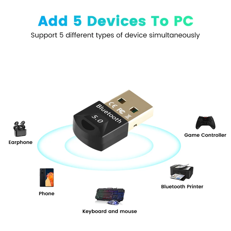 USB Bluetooth 5.0 Adapter Dongle Wireless Bluetooth Transmitter Receiver for PC Laptop Computer Desktop Stereo Music Keyboard