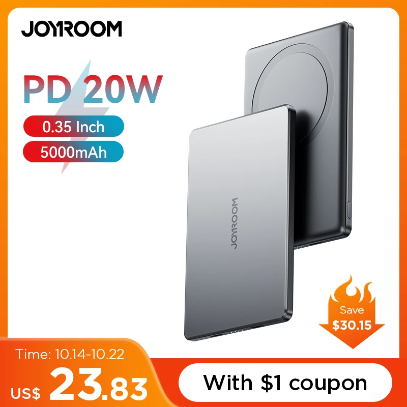 JOYROOM 0.35 Inch Ultra Slim Power Bank for Magsafe 5000mAh Wireless Portable Charger with USB-C Cable for iPhone 16/15/14/13/12