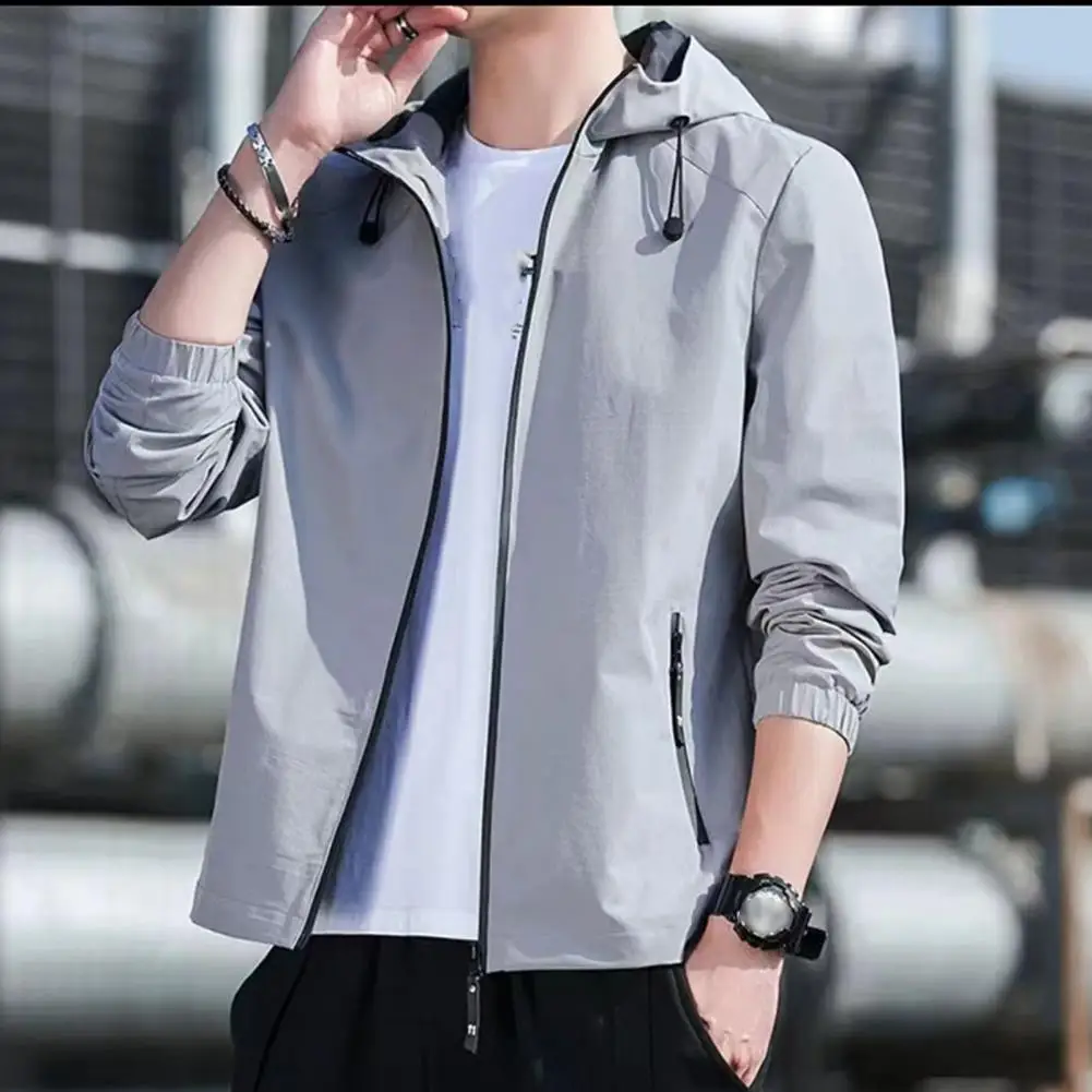 Men Outerwear Men's Windproof Hooded Jacket with Zip Up Drawstring Long Sleeve Mid Length Coat with Zipper Pockets Plus Size