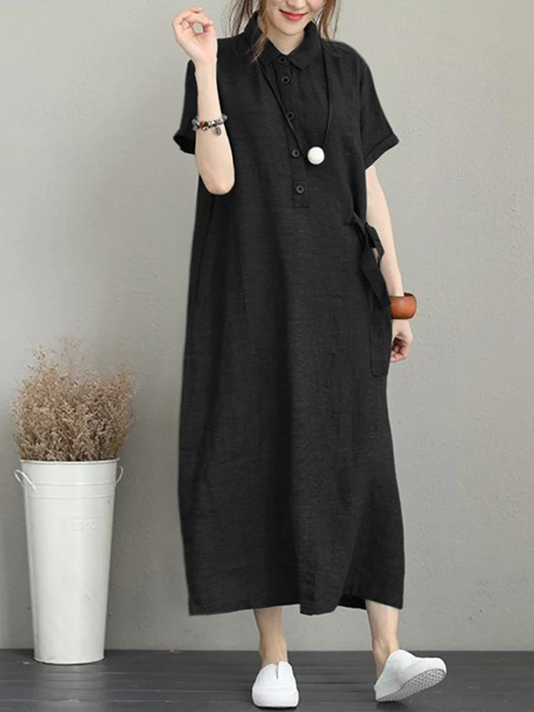 Women Summer Dress ZANZEA Vintage Maxi Sundress Fashion Solid Lapel Button Pockets Vestidos Casual Elegant Shirt Dresses Robe