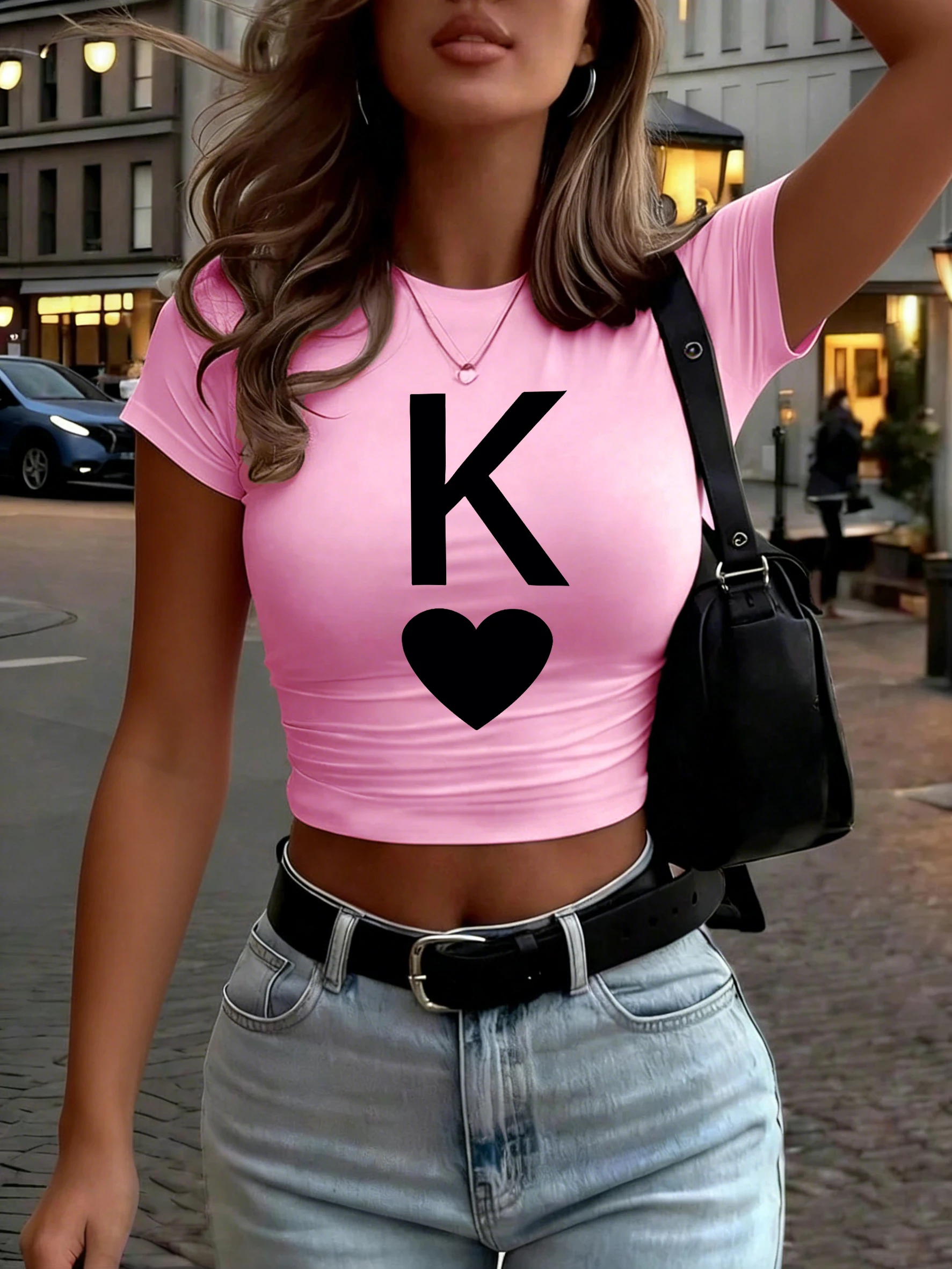 Art Love K Letter Pattern Womens Crop T-Shirt Summer Crewneck Short Sleeve Y2K Tight Casual Streetwear Yoga Woman T Shirts