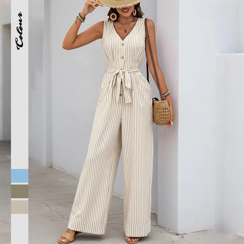 Sexy Sleeveless Women's Jumpsuit Fashion Striped Print High Waisted Lace Up Design Jumpsuits Ladies Casual Straight Leg Pants