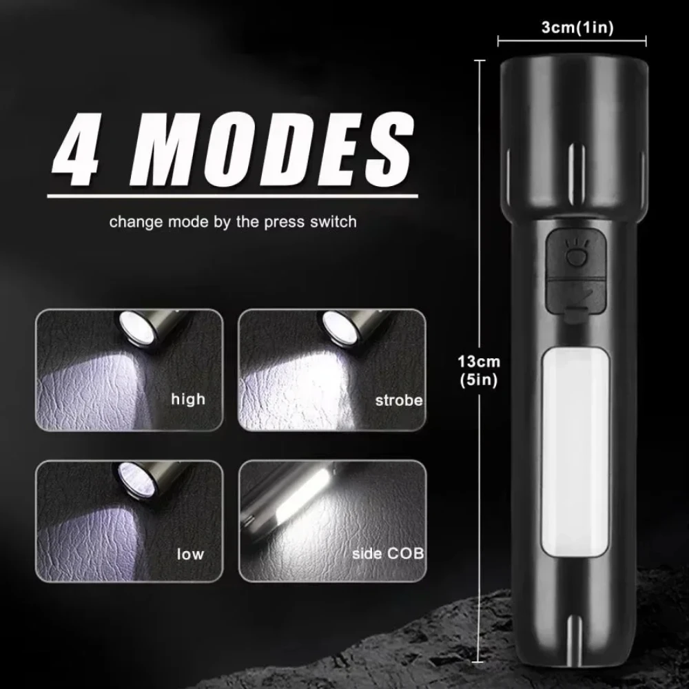 높은 루멘 LED 손전등, USB 충전식 핸드램프, 내장 배터리, 4 가지 조명 모드 토치, 야외 방수 캠핑 랜턴