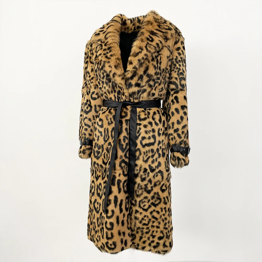 فوق الركبة جلد كامل المستوردة المرأة موضة ليوبارد طباعة معطف سميكة الدافئة الفراء المتكاملة الخريف الشتاء معطف فرو الأرنب #3
