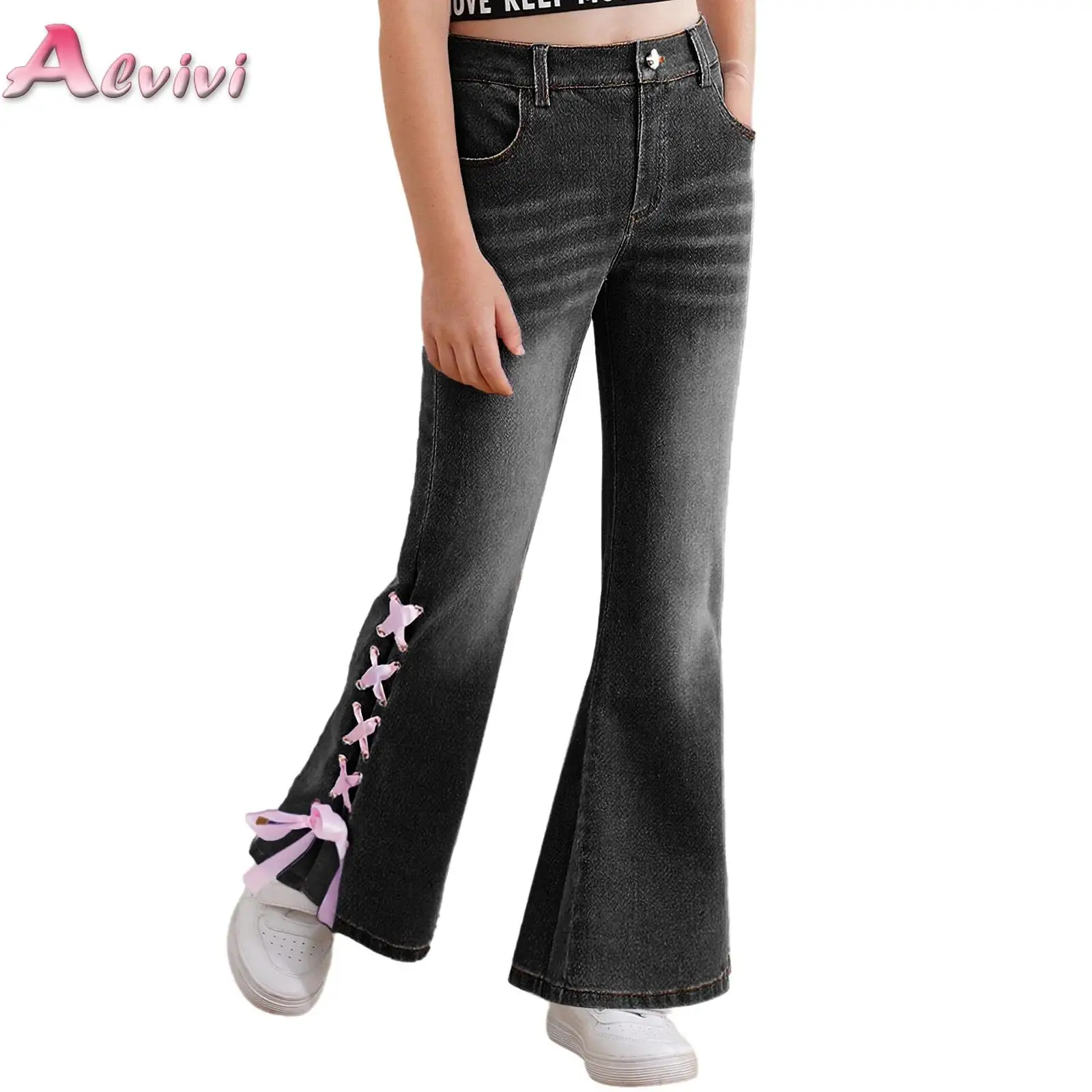 

Cute Kids Girls Flared Jeans Fashion Sides Slit Self-Tie Bell-Bottom Denim Pants Trousers Birthday Party Holiday Y2k Streetwear