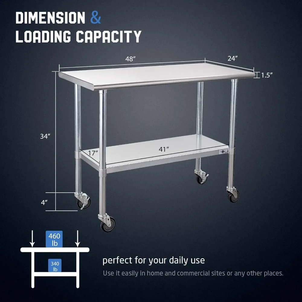 Mesa de acero inoxidable con ruedas de 24 x 48 pulgadas, mesa de preparación y trabajo de cocina comercial con respaldo y galvanizado