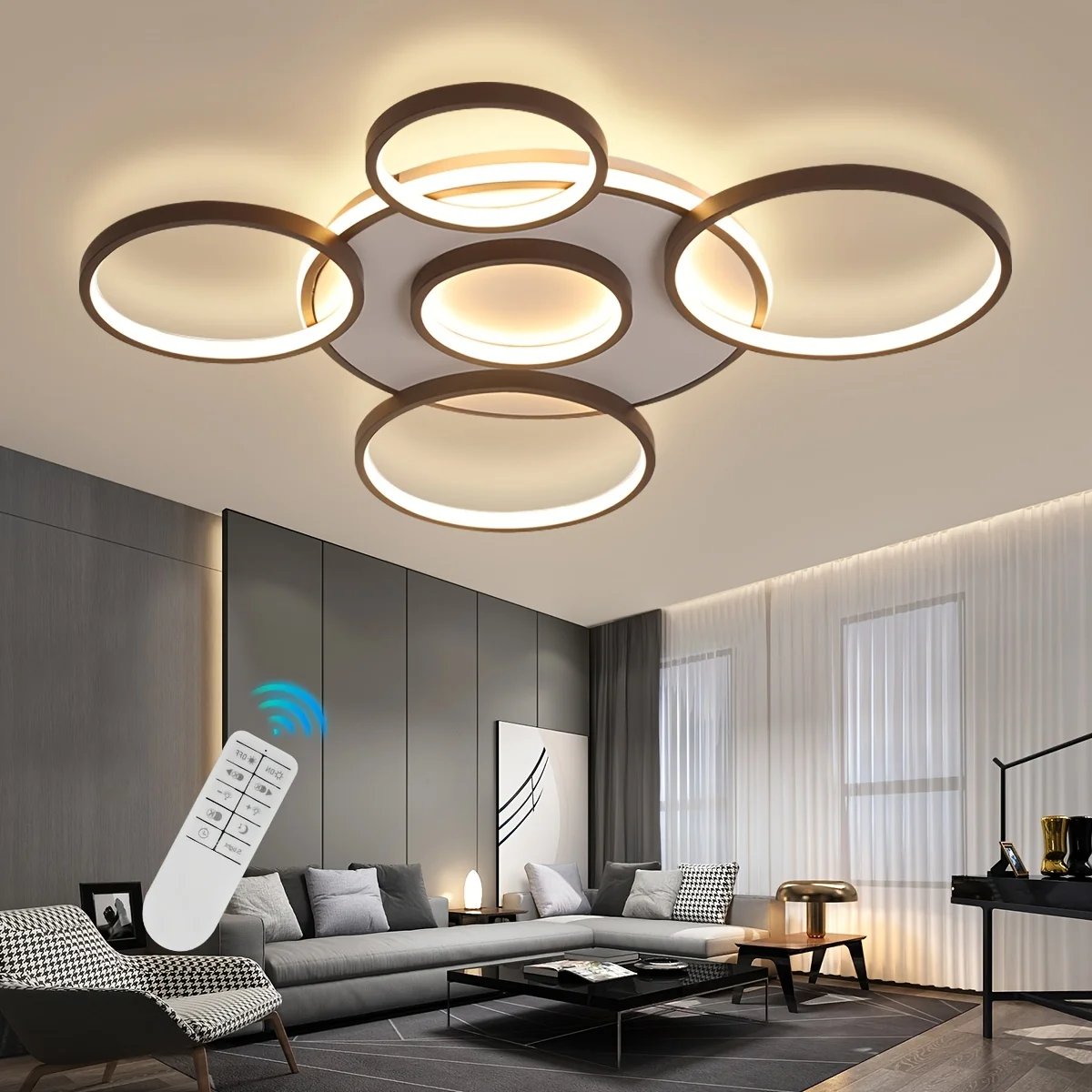 Modern Six Head LED Ceiling Light Acrylic Lampshade Stepless Dimming with Remote Control Flicker-free Ceiling Light for Indoor
