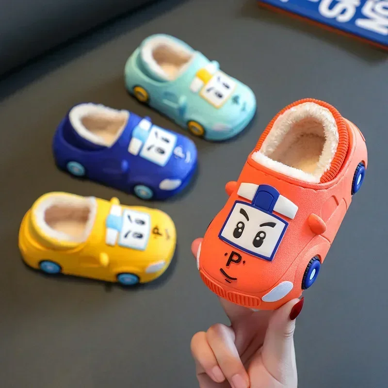 Cartoon Car Slippers Children Winter Warmer Plush Slides Babi Lovely Indoor Slippers Shoes Kids