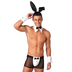 Mens Lingerie Sexy Cosplay Costume Rabbit Ears Boxer Briefs Underwear with Bunny Ears Headband Bowtie Collar and Cuffs Set