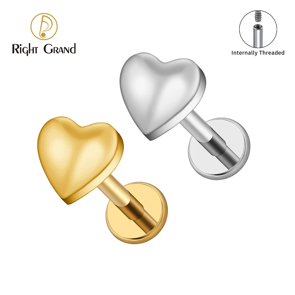 Right Grand ASTM F136 titane 16G coeur dos plat Labret Monroe lèvre Cartilage Helix Tragus conque oreille Lobe boucle d'oreille Piercing bijoux de corps