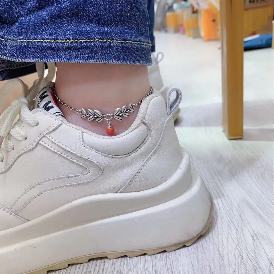 Chineas Style 925 Sterling Silver Red Agate Bead Anklet Ethnic Antique Wheat Leaf Ankle Bracelet Foot Chain Jewelry for Women