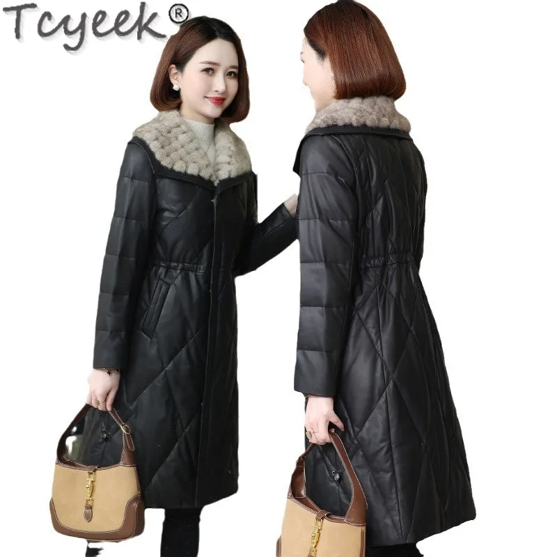 Tcyeek ของแท้หนังแจ็คเก็ตผู้หญิงฤดูหนาวเสื้อผ้า WARM Goose Down แจ็คเก็ตยาว Sheepskin Coat สําหรับผู้หญิง Real Mink FUR COLLAR