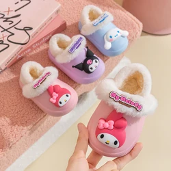 Pantofole in cotone genuino per bambini Sanrio, scarpe in cotone caldo con pile, pantofole in cotone antiscivolo impermeabili per ragazze