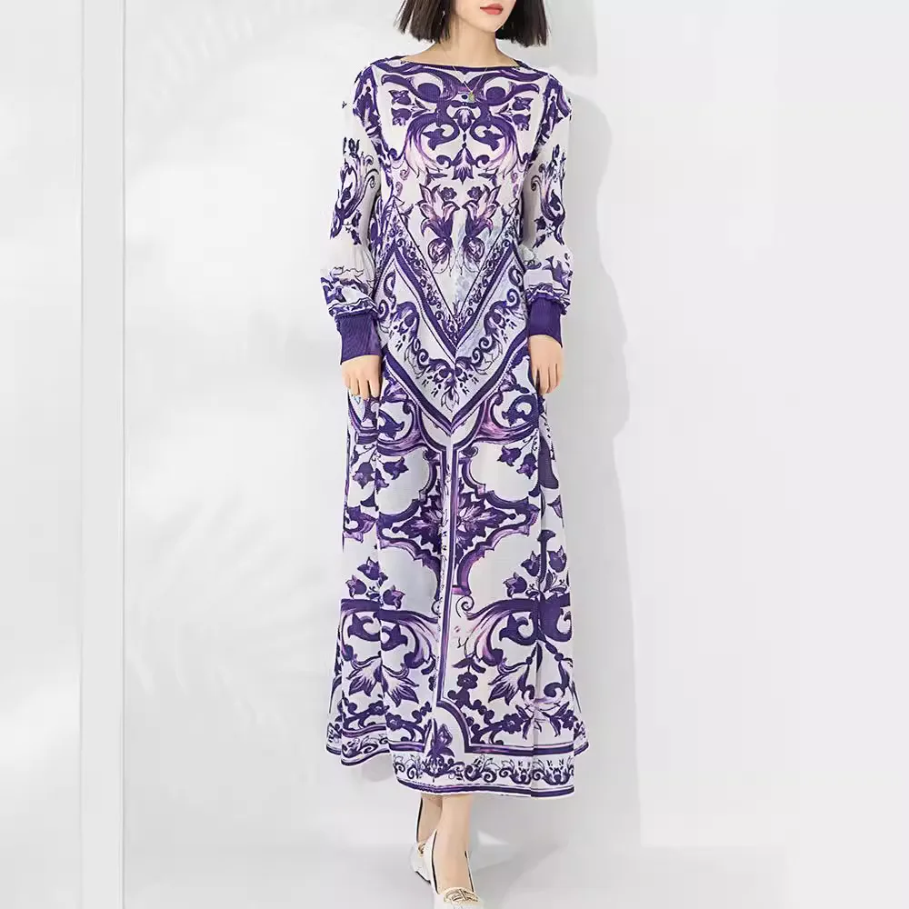 

Dress for women Miyake Pleated Fashion large size lantern sleeve O-neck ethnic style print dress