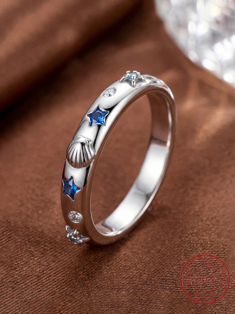 

925 Sterling Silver Fashion Sea Shell Star Blue Zircon Ring For Women Anniversary Engagement Luxury High Quality Jewelry Gift