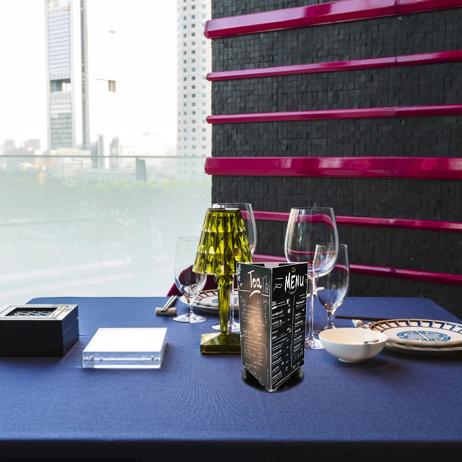 

Rotating Table Card Acrylic Menu Display Stand Black Retail Countertop Holder Triangular Note Sign Showing Prices Menus Drink