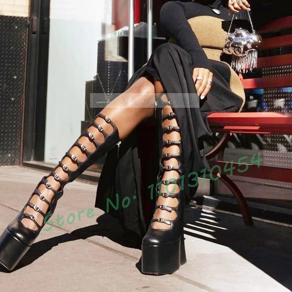 Strappy Platform Boots Women High Block Heels Stylish Multi Buckle Straps Roman Shoes Ladies Sexy Hollow Rock Style High Boots