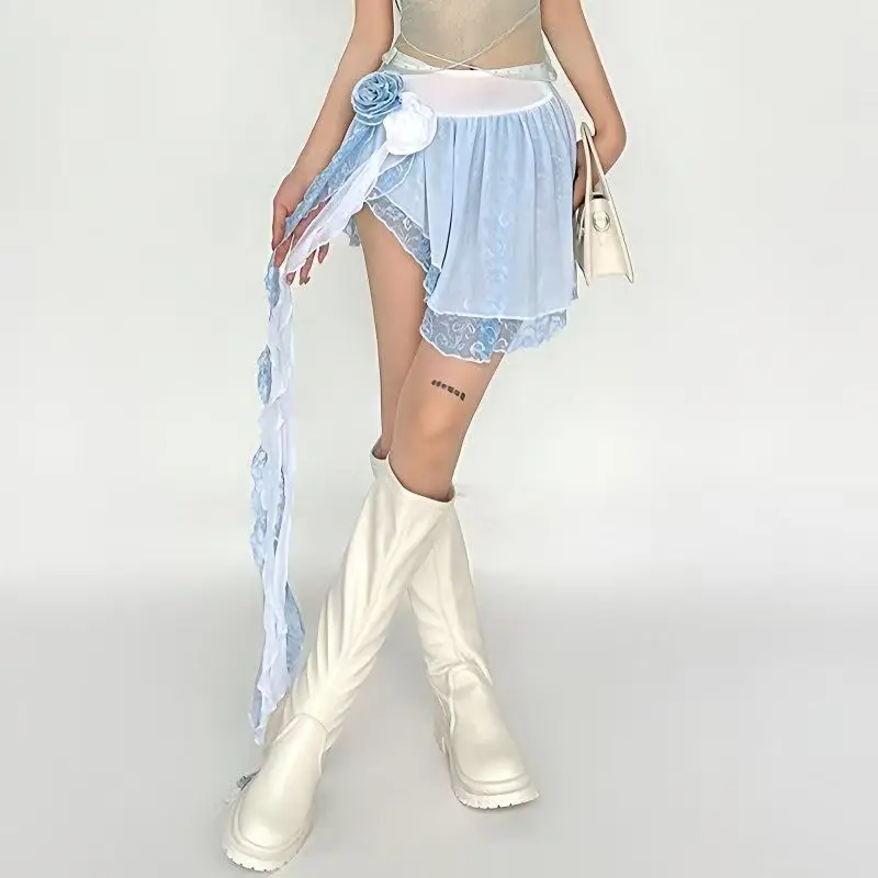 Y2k تنورة نسائية صيف 2025 جديدة في الموضة الكورية العتيقة تنورة هاراجوكو السراويل ملابس امرأة أبيض أزرق Kawaii تنورة صغيرة