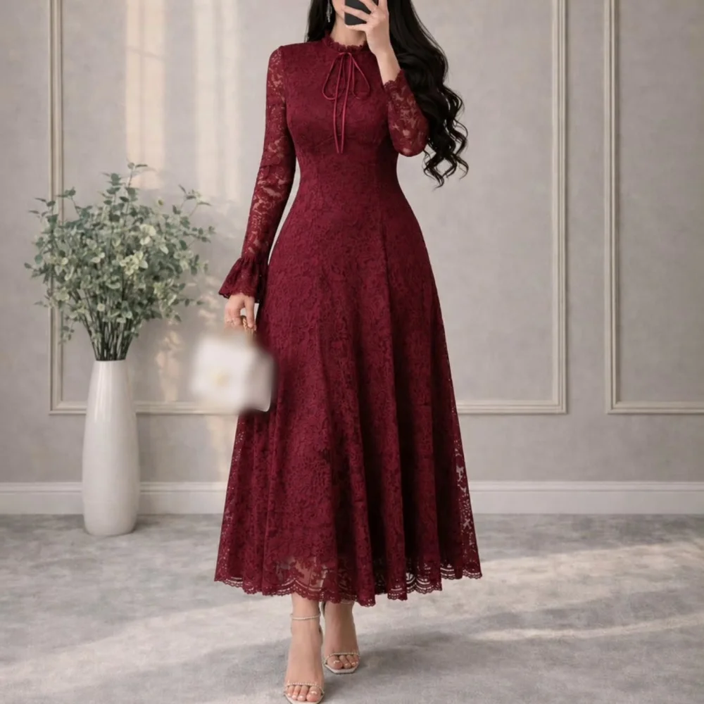 Maßgeschneiderte Damen Elegante Kleider Langarm Partykleider Hochgeschlossene A-Linien Midi-Kleider Elegante Formelle Abendkleider