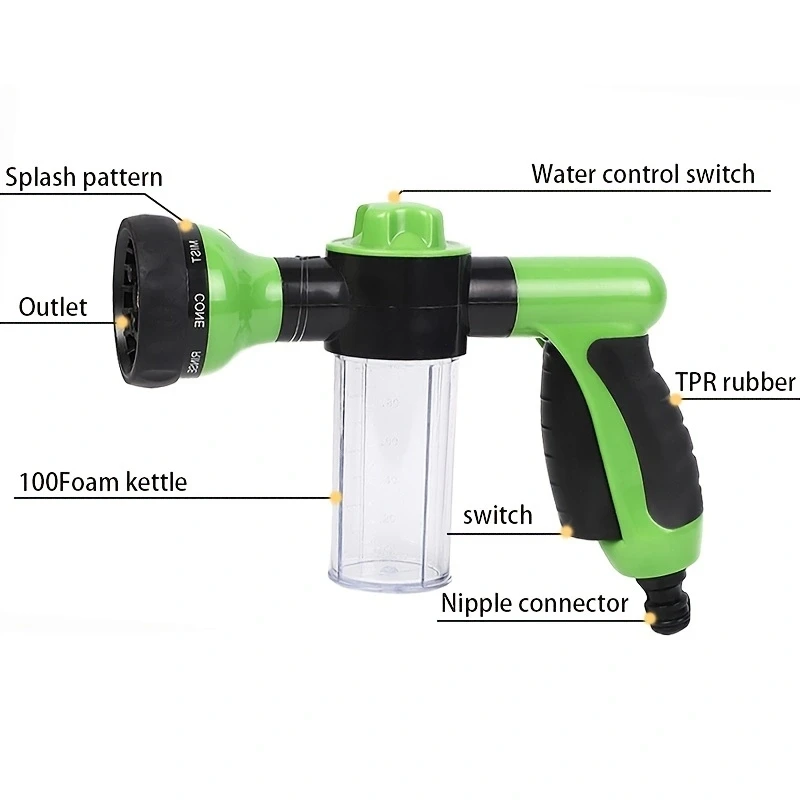 1PC High Pressure Foam Watering Can Car WaterSpray Head Hose Nozzle 8 Functions Garden Watering Gun YardSprinkler Watering Tools