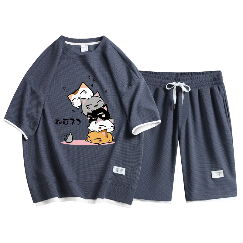 

Summer Men's Suit Japan Trendy Cartoon Printed T-shirts Shorts Two Piece Set Breathable Waffle Top Fashionable Men's Clothing