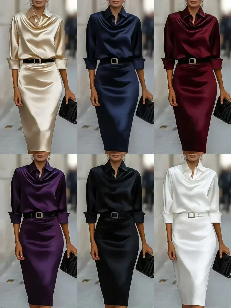 Damen Satin-Midikleid mit Kragen und Wasserfallausschnitt, 3/4-Ärmel, Elegantes Formelles Büro- und Pendlerkleid im Etuikleid-Stil – Detail 2