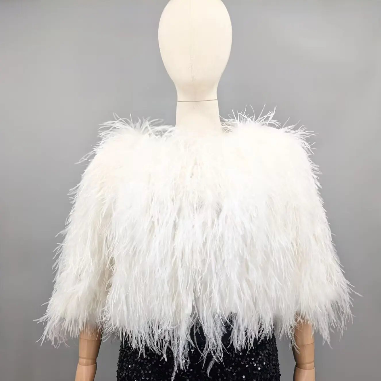 Women White Real Ostrich Feather Half Sleeve Cape Crop Top Plus Size Wedding Cocktail Party Banquet Evening Shawl Cover Up1A0707