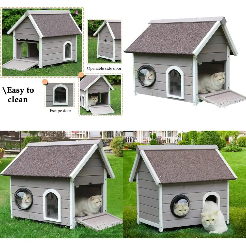 

Укрытие для кошек на открытом воздухе с защитой от атмосферных воздействий и прозрачными окнами для двух кошек серого цвета