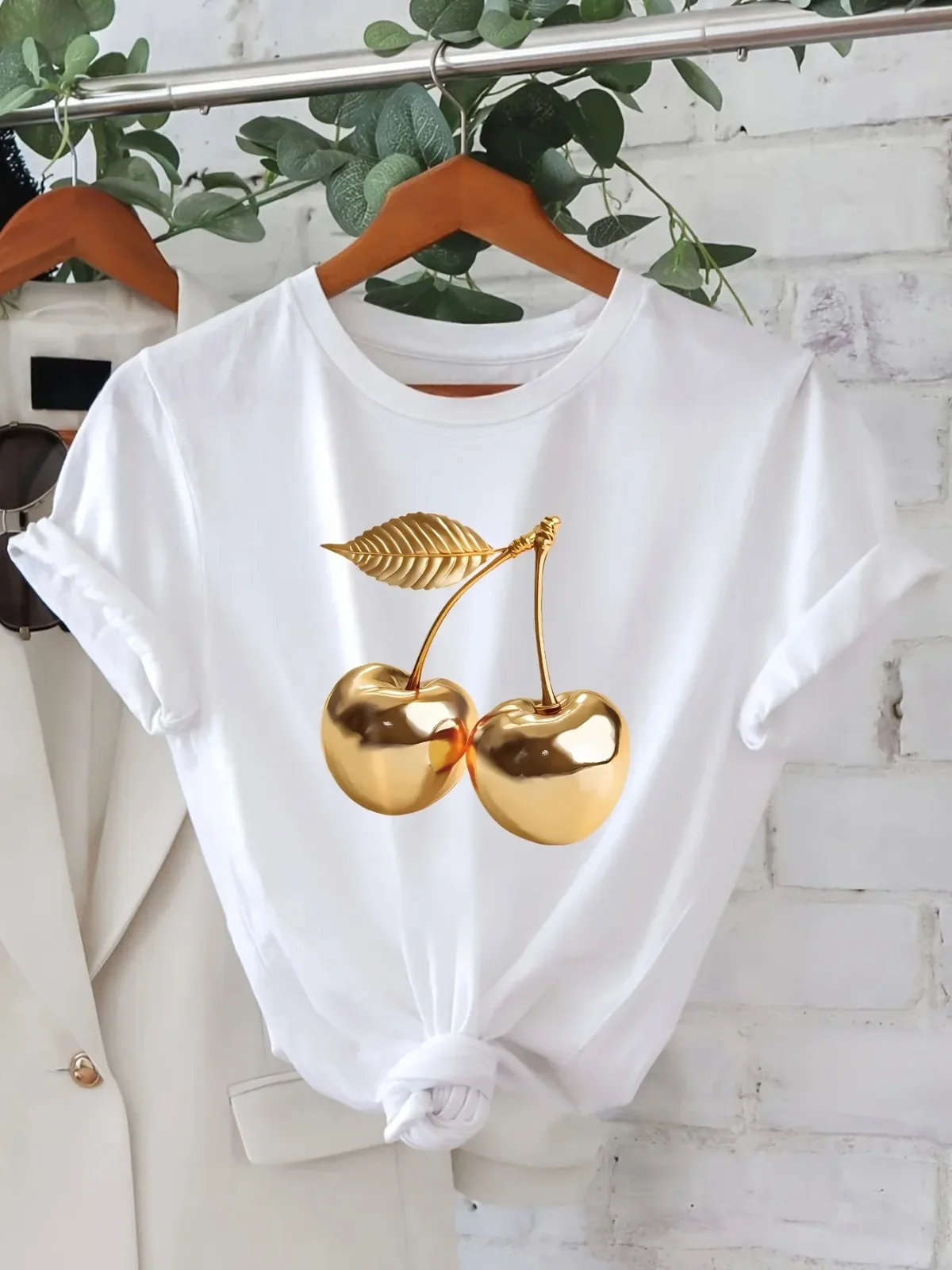 Casual Summer Women T-Shirt with Golden Cherry Print Harajuku  Sleeve Casual Women's T-shirt Clothing Street Aesthetic Clothes