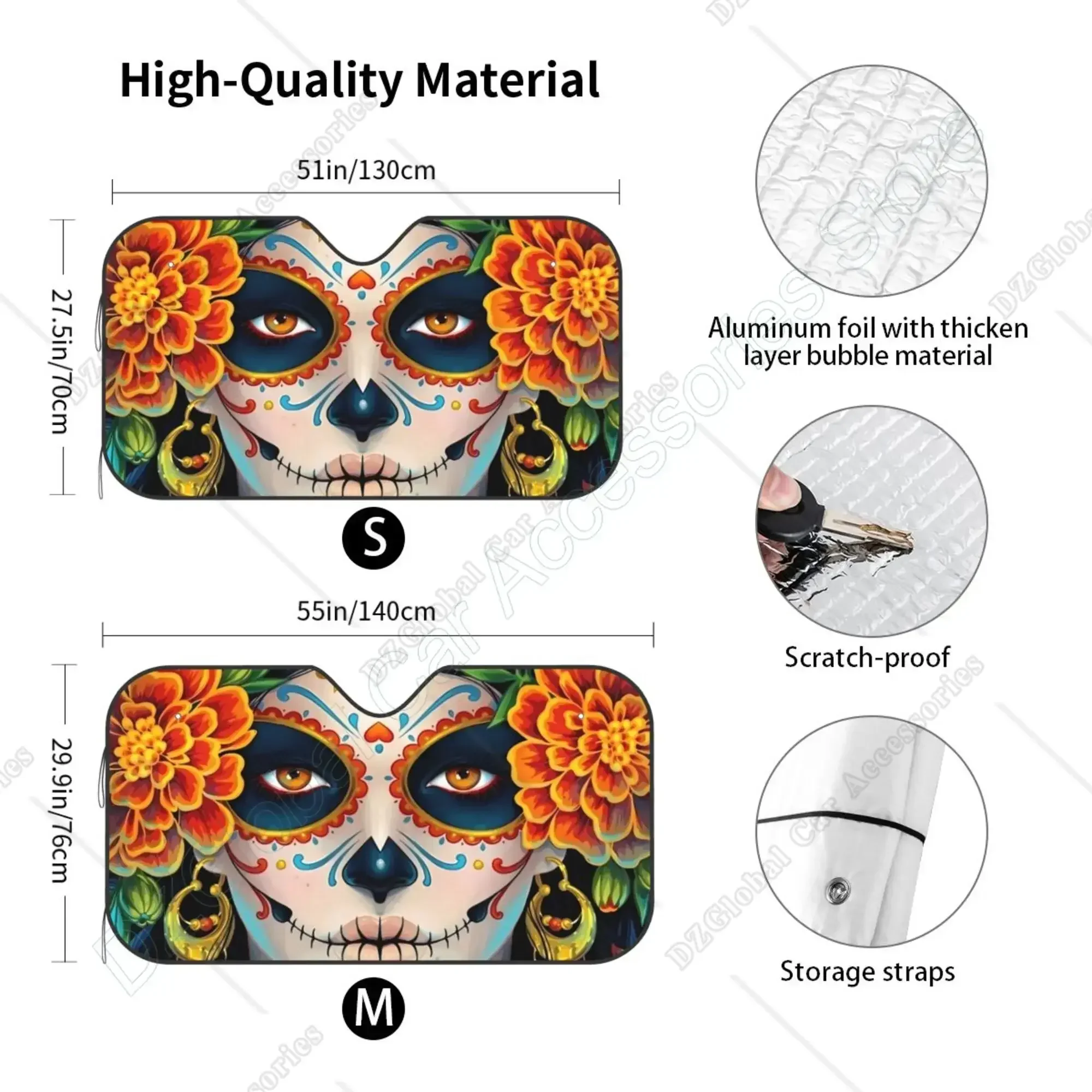 Gregtins Sugar Skulls and Roses Day of Dead Car Windshield Sun Shade Blocks Uv Rays Visor Protector Sunshade for Front 27.5x51.2